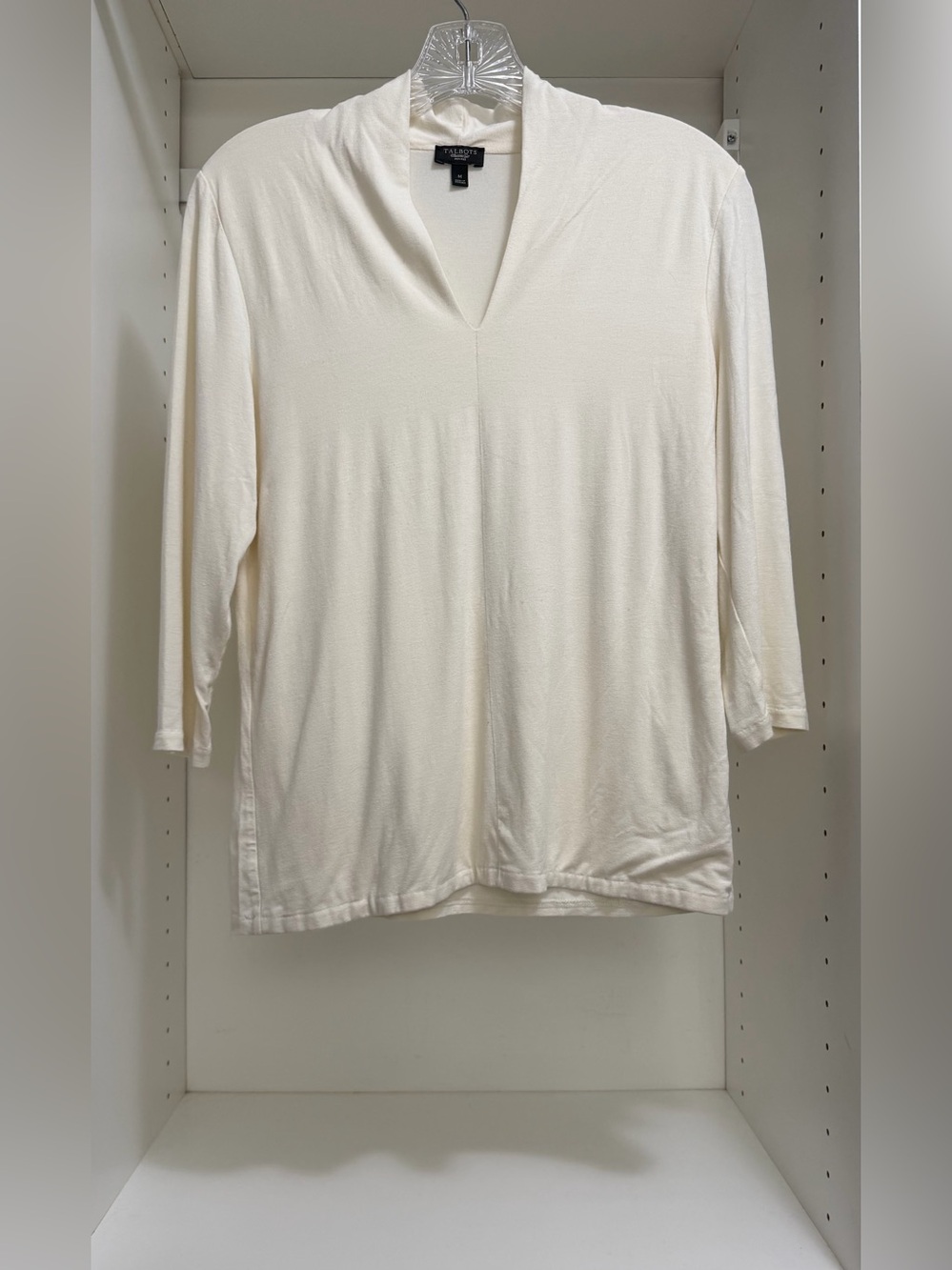 Talbots cream 3/4 long sleeve blouse with a V-neckline, size M